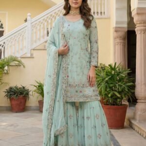 Georgette Embroidered Thread Sequins Zari Sharara Set (Available in 3 Colours)