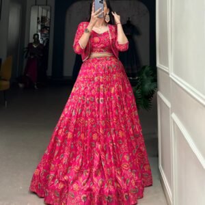 Tassar Sill Floral Print Pink Lehanga Choli & Koti With Gotapatti Touch