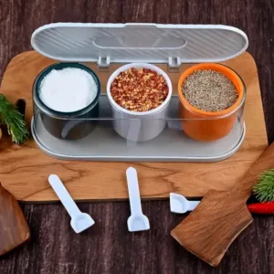 3-Grid Spice Storage Box with Spoons – Multipurpose Masala Container Organizer for Kitchen Seasoning, Sugar, Salt & Condiments ( default, OS )