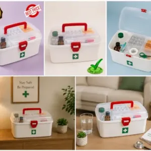 Multipurpose Medicine Storage Box with Handle | Plastic First Aid Kit Organizer with 2 Compartments (White) ( default, OS )