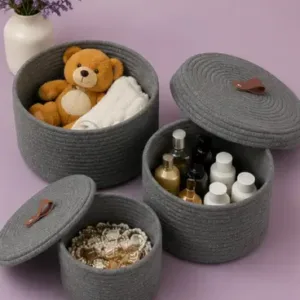 Sara Enterprises Cotton Rope Storage Baskets with Lids (Set of 3) | Round Woven Jute Organizer Baskets for Home & Kitchen ( grey, OS )
