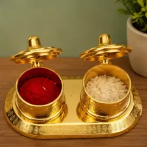 Roli Akshat Box | Golden Finish Aluminium Kumkum & Rice Container for Pooja ( default, OS )