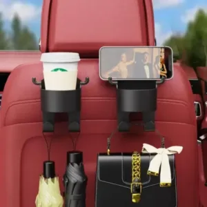 2-Piece 3-in-1 Car Headrest Hook & Cup Holder – Hidden Seat Back Hanger, Storage Organizer & Drink Holder ( black, OS )