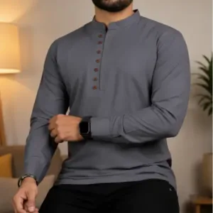 Men's Solid Cotton Blend Kurta – Full Sleeve Casual & Festive Ethnic Wear for Men ( grey, M )