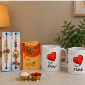 Rakhi Gift Combo Set – Bhaiya Bhabhi Rakhi with 2 Coffee Mugs & Festive Gift Set (5 Pieces) ( default, OS )