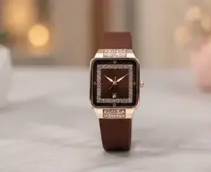 Luxury Square Watch for Women & Girls – Brown Dial with Crystal Border | Stylish Silicon Strap Quartz Wristwatch ( brown, OS )