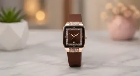 40dL6H3Leq9cYwZyM5GzNw9zKlEXtMrLmluYP0LX.webp Luxury Square Watch for Women & Girls – Brown Dial with Crystal Border | Stylish Silicon Strap Quartz Wristwatch ( brown, OS )