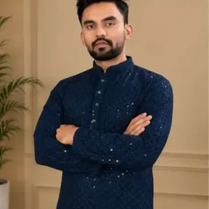 Men's Chikankari Embroidered Rayon Kurta – Full Sleeve Sequin Work Ethnic Kurta for Festive & Wedding Wear ( Navy Blue, S )