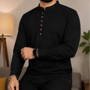 Men's Solid Cotton Blend Kurta – Full Sleeve Casual & Festive Ethnic Wear for Men ( black, XL )