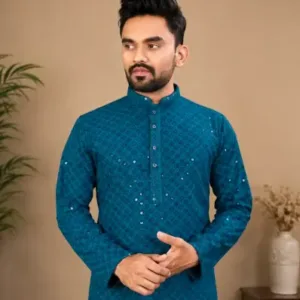 Men's Chikankari Embroidered Rayon Kurta – Full Sleeve Sequin Work Ethnic Kurta for Festive & Wedding Wear ( blue, L )