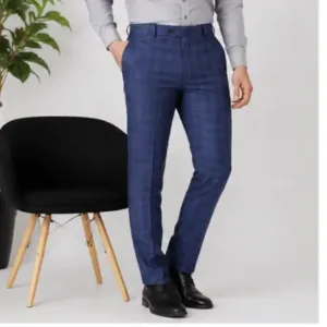 Men's Checked Trousers – Slim Fit Polycotton Pants for Casual, Office & Party Wear ( blue, 34 )