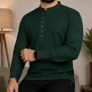 Men's Solid Cotton Blend Kurta – Full Sleeve Casual & Festive Ethnic Wear for Men ( green, S )