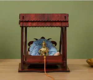 TrendyHouse Premium Wooden Laddu Gopal Jhula – Carved Designer Krishna Jhoola for Pooja Room & Mandir | Dark Brown ( default, OS )