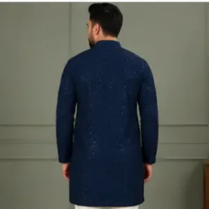 Men's Chikankari Embroidered Rayon Kurta – Full Sleeve Sequin Work Ethnic Kurta for Festive & Wedding Wear ( Navy Blue, L )