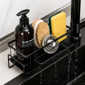 Rustproof Kitchen Sink Organizer Rack – Steel Sponge, Soap & Scrubber Holder with Drain Tray ( black, OS )