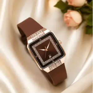 Luxury Square Watch for Women & Girls – Brown Dial with Crystal Border | Stylish Silicon Strap Quartz Wristwatch ( brown, OS )