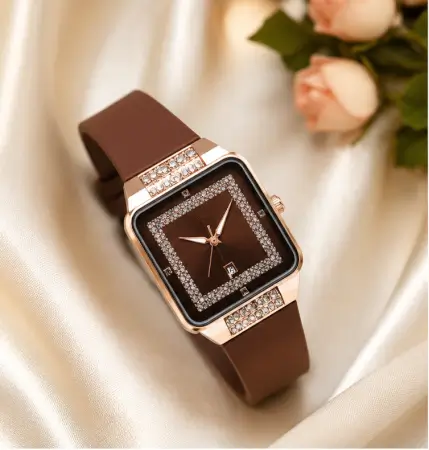 C2d9jSIn36aKyUQlRZvG8I95BoLtBsnWWgOS3E6z.webp Luxury Square Watch for Women & Girls – Brown Dial with Crystal Border | Stylish Silicon Strap Quartz Wristwatch ( brown, OS )