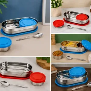 Stainless Steel Oval Lunch Box Set – 2-Piece Leakproof Lid-Lock Tiffin with Spoon for Kids, School, Office & Travel ( multicolor, OS )