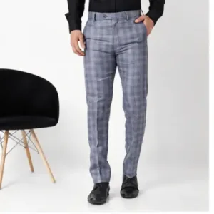 Men's Checked Trousers – Slim Fit Polycotton Pants for Casual, Office & Party Wear ( grey, 28 )