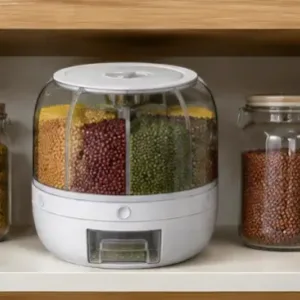 360° Rotating Grain Dispenser – 6-Compartment Kitchen Storage Container with Lid for Rice, Pulses & Dry Fruits ( white, OS )