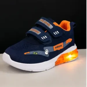 Kids LED Light Sports Shoes – Sky Blue Synthetic Sneakers with Velcro Strap for Boys & Girls ( orange, 2-3 Years )