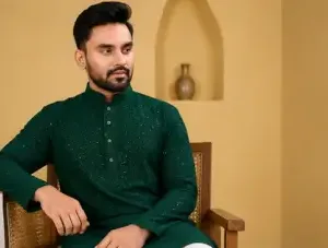 Men's Chikankari Embroidered Rayon Kurta – Full Sleeve Sequin Work Ethnic Kurta for Festive & Wedding Wear ( green, XL )