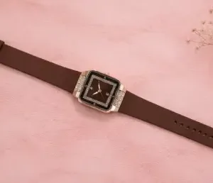 Luxury Square Watch for Women & Girls – Brown Dial with Crystal Border | Stylish Silicon Strap Quartz Wristwatch ( brown, OS )
