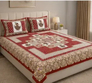 Designer Jaipuri King Size Printed Cotton Bedsheet with 2 Pillow Covers – Double Bed Floral & Traditional Print ( multicolor, King )
