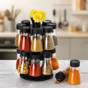 16-in-1 Revolving Condiment Set – Rotating Plastic Spice Rack & Kitchen Masala Organizer ( black, OS )