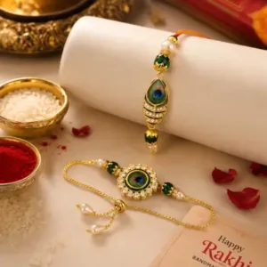 Mor Pankh Bhaiya Bhabhi Rakhi Set with Roli Chawal – Brass Designer Rakhi Combo for Raksha Bandhan ( default, OS )