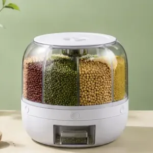 360° Rotating Grain Dispenser – 6-Compartment Kitchen Storage Container with Lid for Rice, Pulses & Dry Fruits ( white, OS )