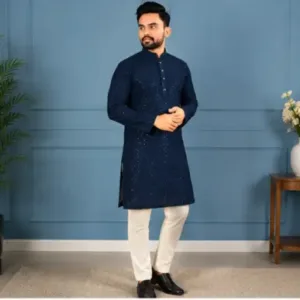 Men's Chikankari Embroidered Rayon Kurta – Full Sleeve Sequin Work Ethnic Kurta for Festive & Wedding Wear ( Navy Blue, S )