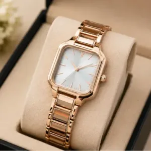 Women’s Square Black Dial Watch – Stainless Steel Strap Quartz Analog Wristwatch | Stylish Rose Fashion Watch ( gold, OS )
