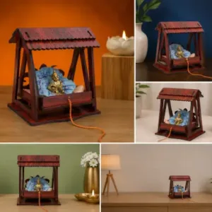 TrendyHouse Premium Wooden Laddu Gopal Jhula – Carved Designer Krishna Jhoola for Pooja Room & Mandir | Dark Brown ( default, OS )