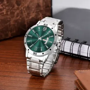 Men’s Analog Watch – Olive Green Dial with Stainless Steel Strap | Day & Date Display Quartz Wristwatch ( silver, OS )