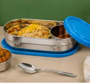 Stainless Steel Oval Lunch Box Set – 2-Piece Leakproof Lid-Lock Tiffin with Spoon for Kids, School, Office & Travel ( multicolor, OS )