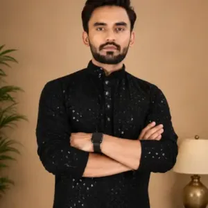 Men's Chikankari Embroidered Rayon Kurta – Full Sleeve Sequin Work Ethnic Kurta for Festive & Wedding Wear ( black, XL )