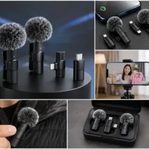 Dual Wireless Lavalier Microphone – Mini Clip-On Collar Mic with Noise Reduction for iPhone & Android | USB-C & Lightning Receiver ( black, OS )