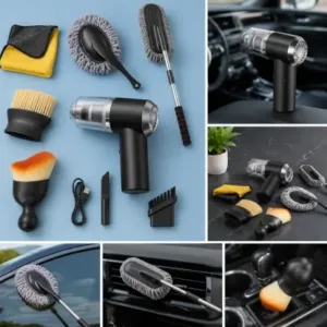Portable Car Cleaning Kit – Handheld Vacuum Cleaner with Brushes & Microfiber Cloth for Interior & Exterior Cleaning ( black, OS )