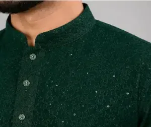 Men's Chikankari Embroidered Rayon Kurta – Full Sleeve Sequin Work Ethnic Kurta for Festive & Wedding Wear ( green, XXL )
