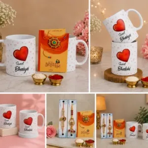 Rakhi Gift Combo Set – Bhaiya Bhabhi Rakhi with 2 Coffee Mugs & Festive Gift Set (5 Pieces) ( default, OS )