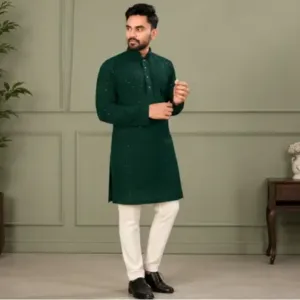 Men's Chikankari Embroidered Rayon Kurta – Full Sleeve Sequin Work Ethnic Kurta for Festive & Wedding Wear ( green, XXL )