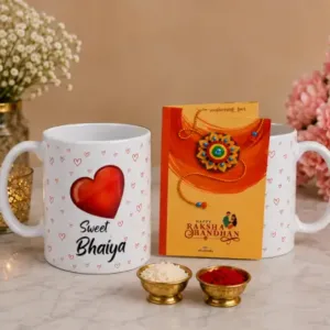 Rakhi Gift Combo Set – Bhaiya Bhabhi Rakhi with 2 Coffee Mugs & Festive Gift Set (5 Pieces) ( default, OS )