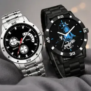 Men’s Analog Watch Combo Pack of 2 – Black Dial Stainless Steel Chain & Rubber Strap Watches | Quartz Casual Wristwatch Set ( default, OS )