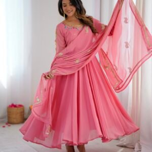 Magenta Pink Georgette Embroidered Sequins Gown Set