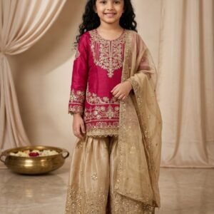 Kid's Gym Silk Heavy Embroidered Sequins Kurti With Sharara With Dupatta