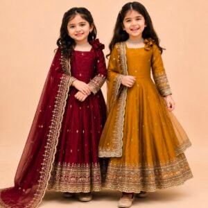 Kid's Fendy Silk Anarkali Gown Set With Embroidered Sequins
