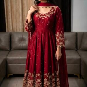 Georgette Maroon Anarkali Gown Set with Sequins Embroidery