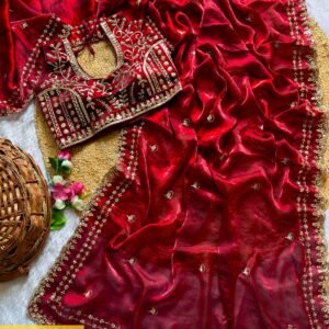 Pure Soft Fandy Satin Silk Saree with Embroidery & Sequence Work and Fully Stitched Blouse