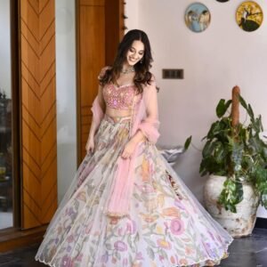 Chinnon Silk Embroidered Seuins Soft Net Floral Printed Lehanga Choli